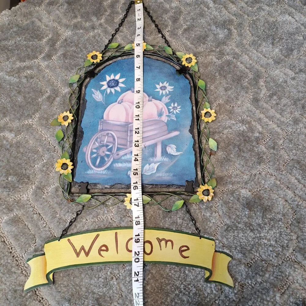 VINTAGE WELCOME WALL DECOR SUNFLOWER FALL PUMPKIN SCENE WOOD METAL HANGING RARE